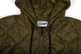 Olive green quilted jacket with a visible brand logo on a white background