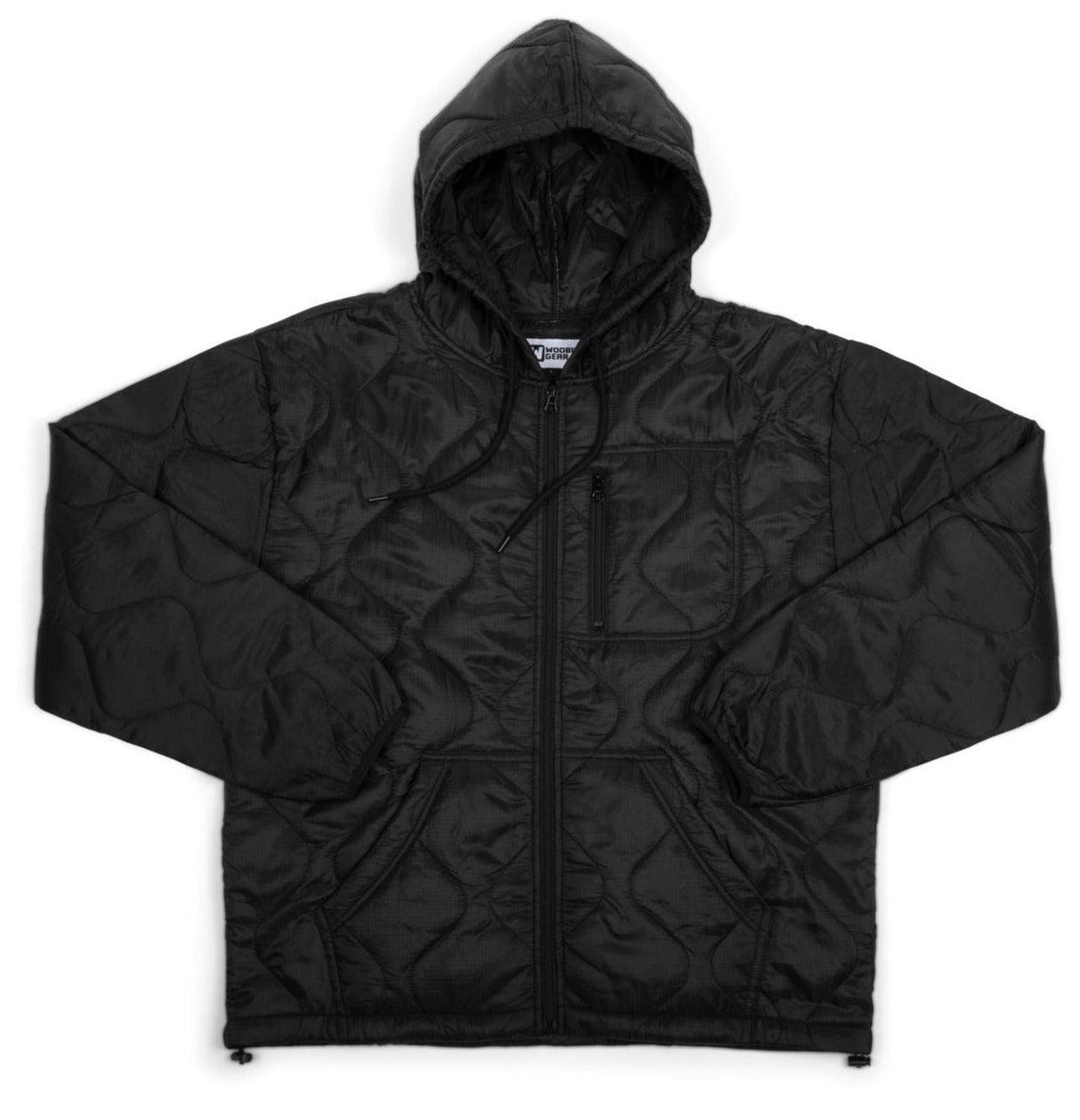 Black quilted jacket with a hood on a white background