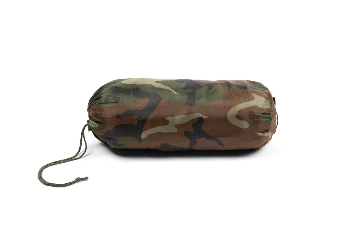 Camouflage-patterned sleeping bag on a white background