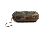 Camouflage-patterned sleeping bag on a white background