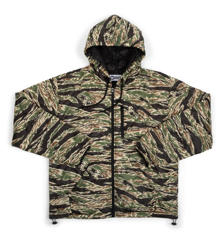 Camouflage jacket with a hood on a white background