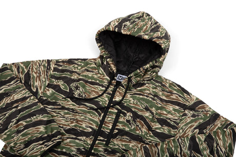 Camouflage-patterned hooded jacket on a white background