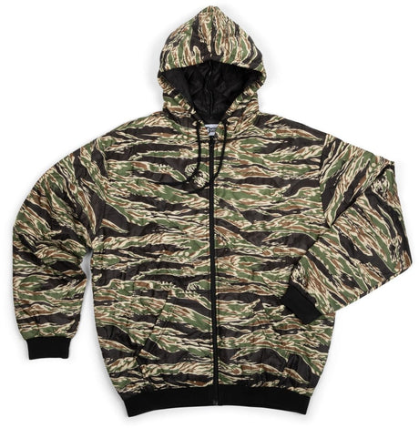 Camouflage hoodie with black accents on a white background