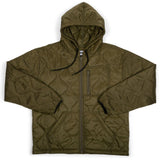 Quilted green jacket with a hood on a white background