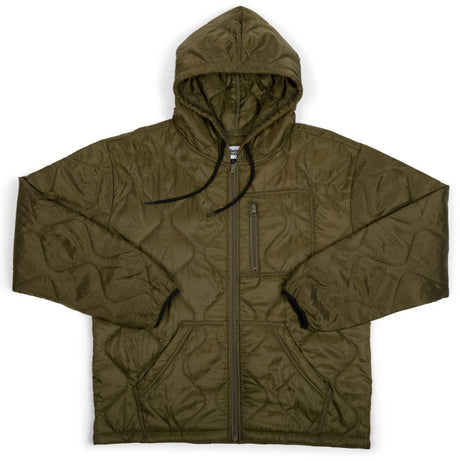 Quilted green jacket with a hood on a white background