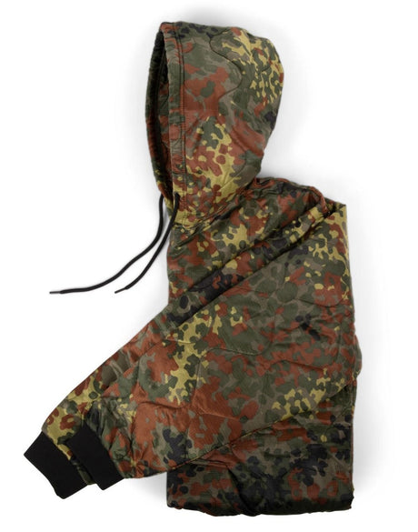 Camouflage-patterned hooded jacket on a white background