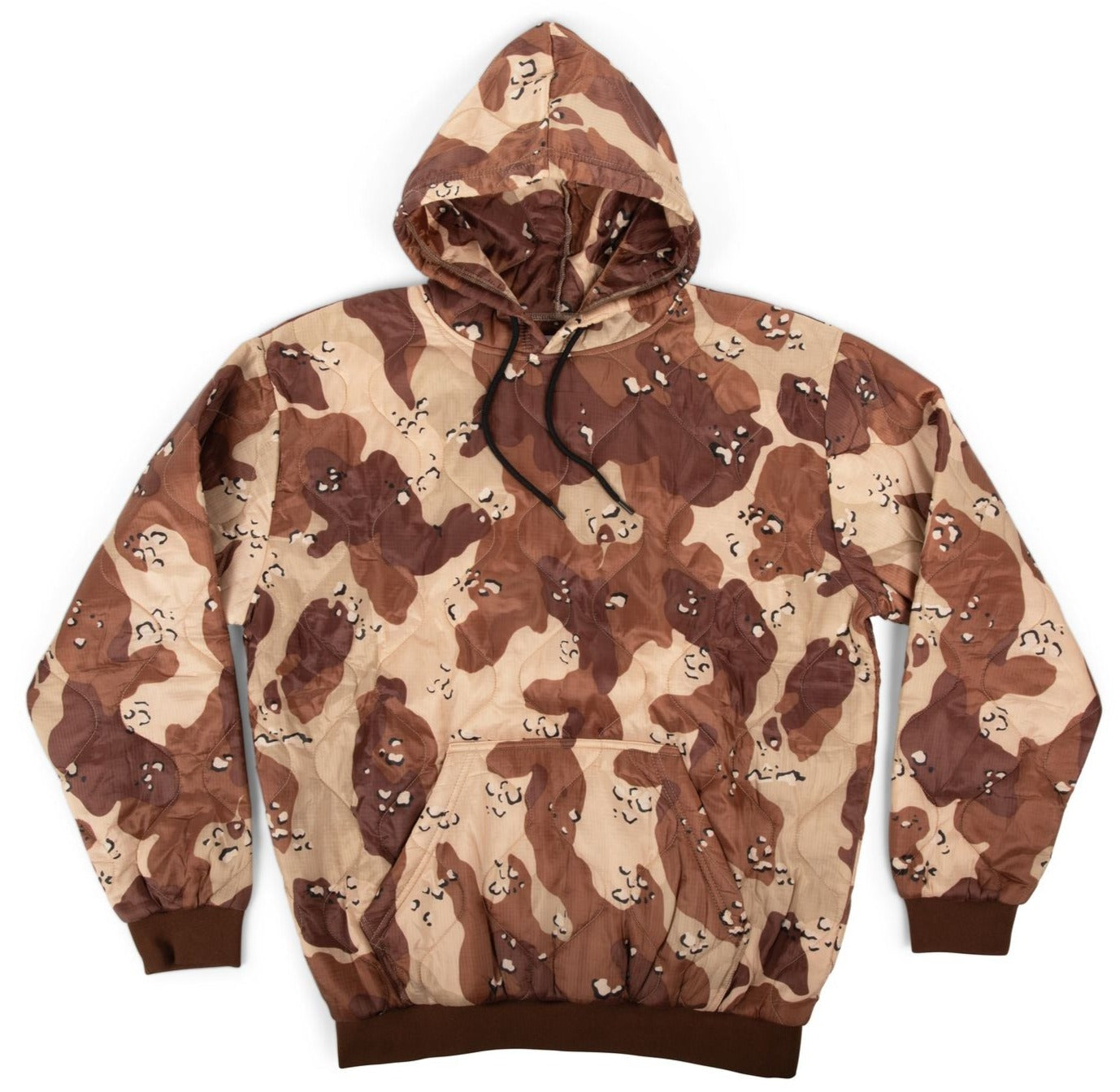 Brown and beige camouflage hoodie with bear pattern on a white background
