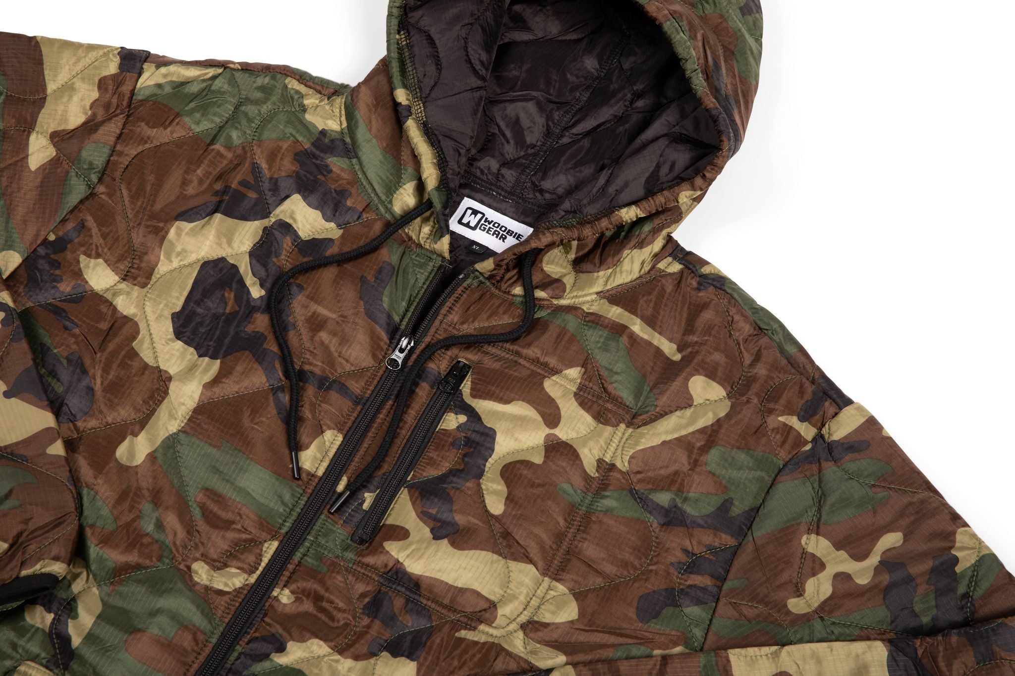 Camouflage jacket with a brand logo on a white background