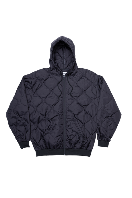 Black quilted jacket with a hood on a white background
