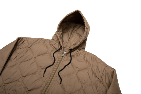 Brown quilted jacket with a hood on a white background