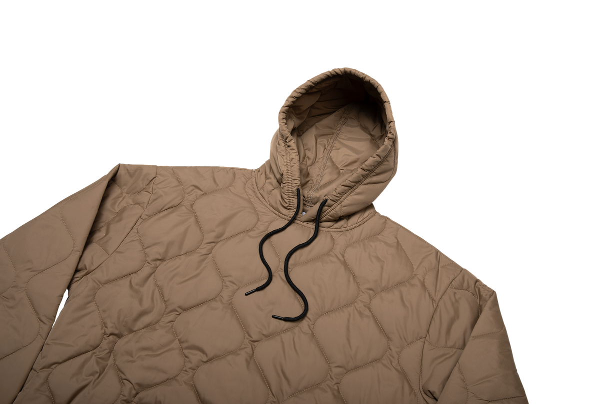 Brown quilted jacket with a hood on a white background