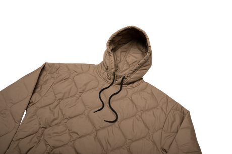 Brown quilted jacket with a hood on a white background