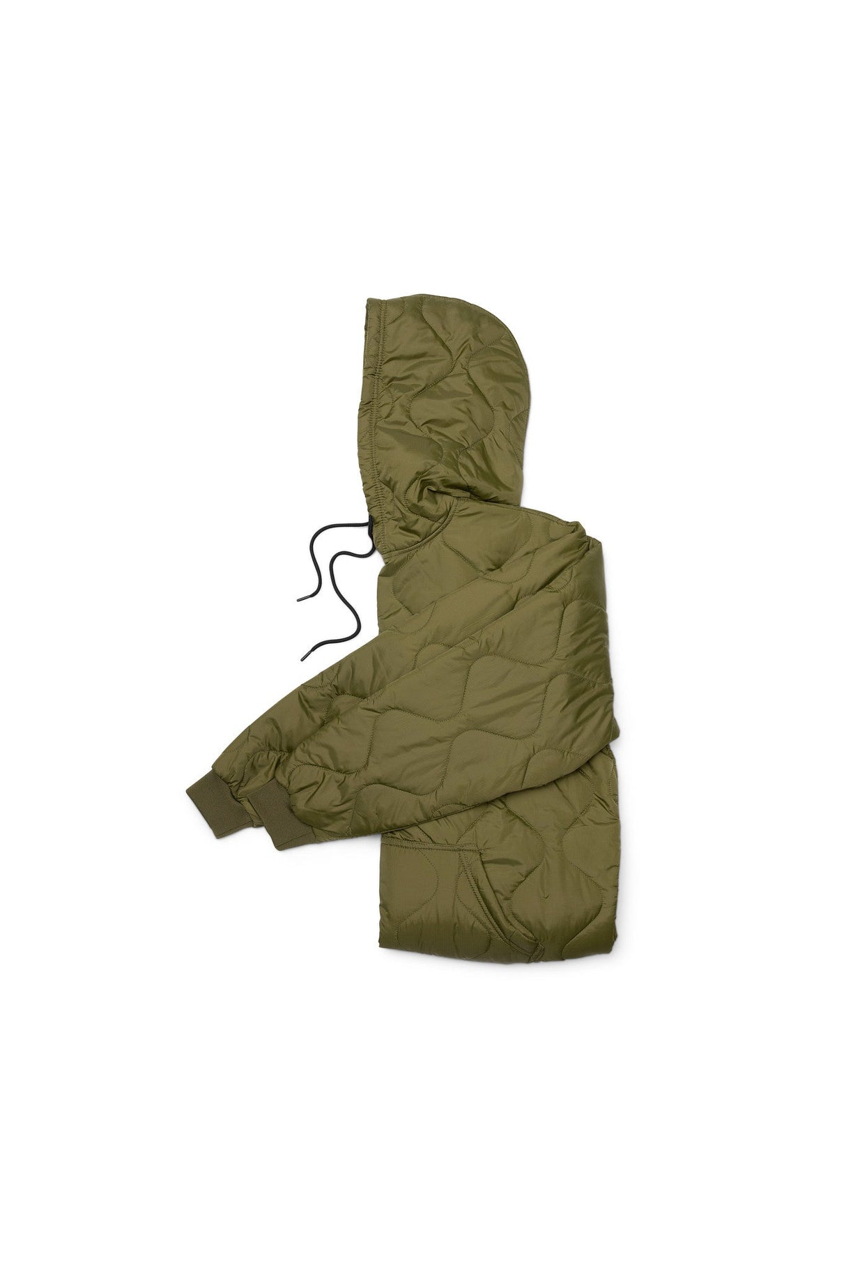 Green quilted jacket with hood on a white background