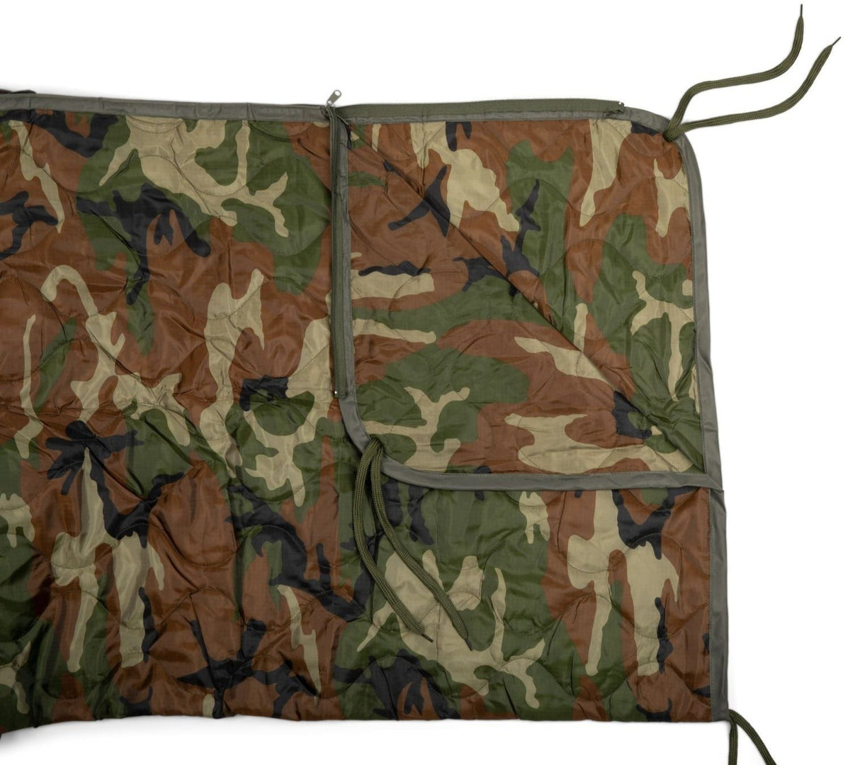 Camouflage-patterned blanket with a pocket on a white background