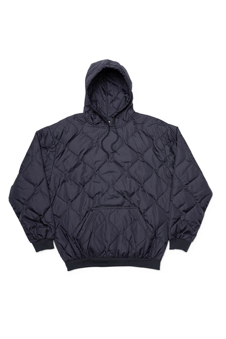 Black quilted jacket on a white background
