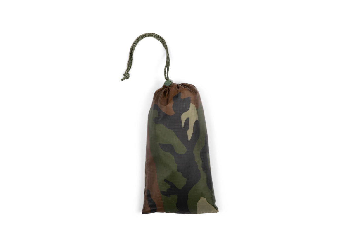 Camouflage-patterned drawstring bag on a white background