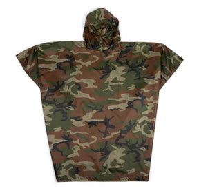 Camouflage-patterned poncho on a white background