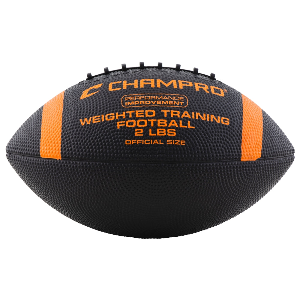 A black and orange weighted training football with the CHAMPPRO brand logo and text indicating it is a 2 lb. ball designed for weighted training.
