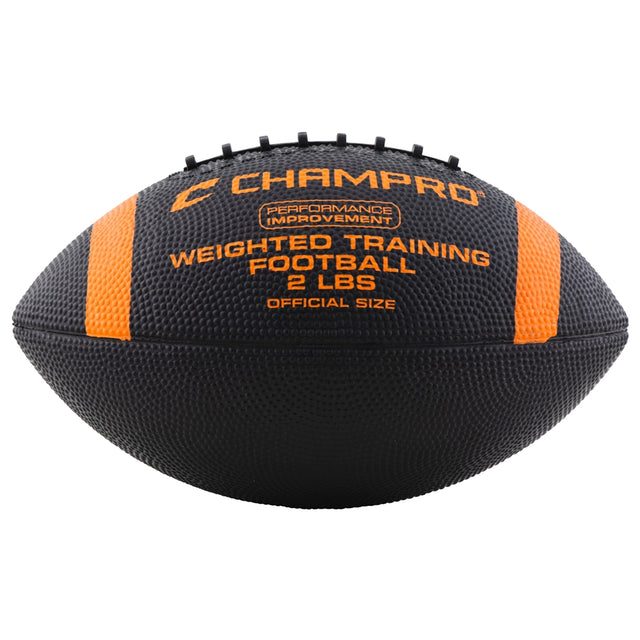A black and orange weighted training football with the CHAMPPRO brand logo and text indicating it is a 2 lb. ball designed for weighted training.